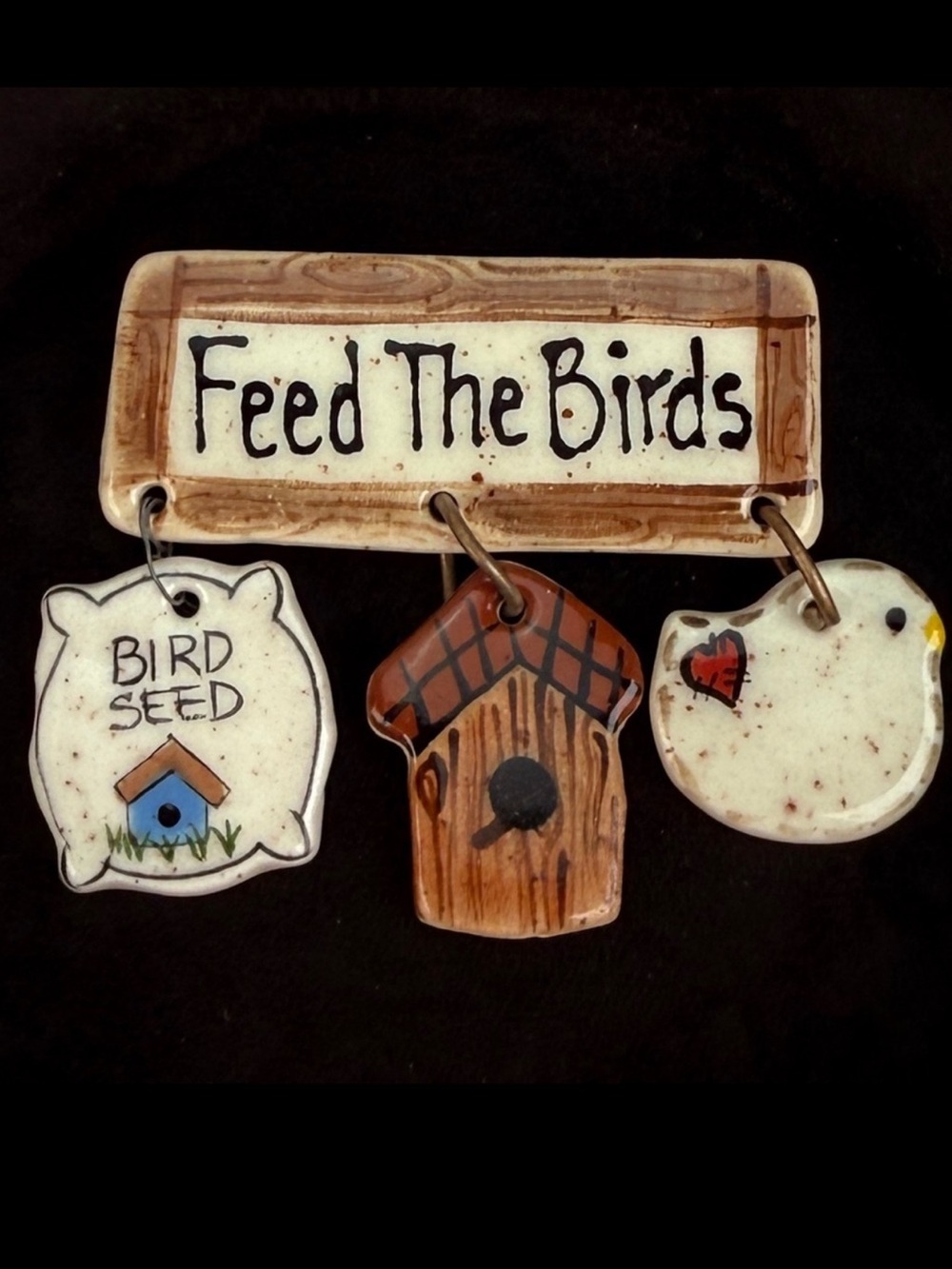 Vintage Ceramic Bird Feeder Sign Brooch with Brown and White Accents